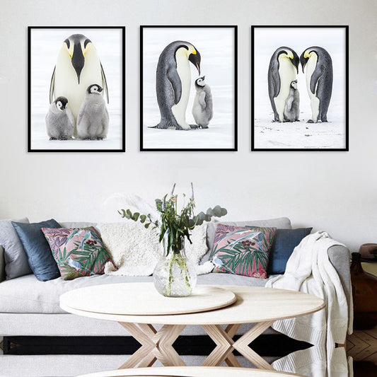 Photo-Print Penguin Family Canvas Wall Art for Living Room, Grey and White, Textured Grey Clearhalo 'Art Gallery' 'Canvas Art' 'Contemporary Art Gallery' 'Modern' Arts' 1653022