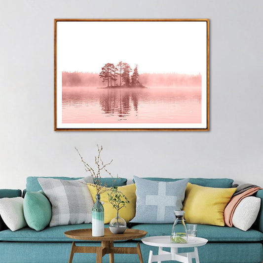 Nature Landscape Art Print Modern Romantic Trees in the Center of River Wall Decor in Pink Clearhalo 'Art Gallery' 'Canvas Art' 'Contemporary Art Gallery' 'Modern' Arts' 1653063