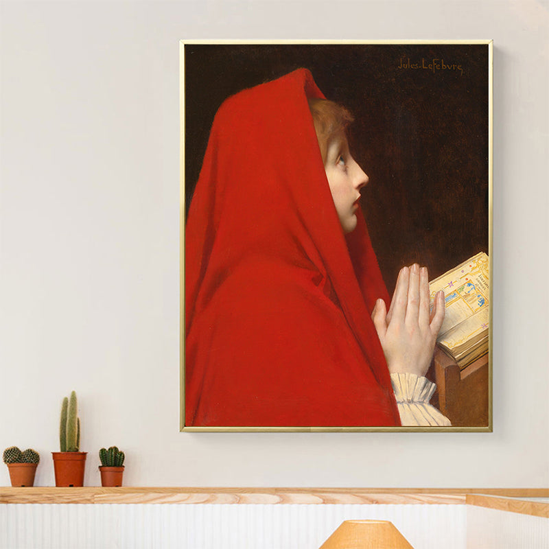 赤いローブペインティンググローバルにインスパイアされたテクスチャのあるベッドルームの壁アートの装飾、黄色の女の子