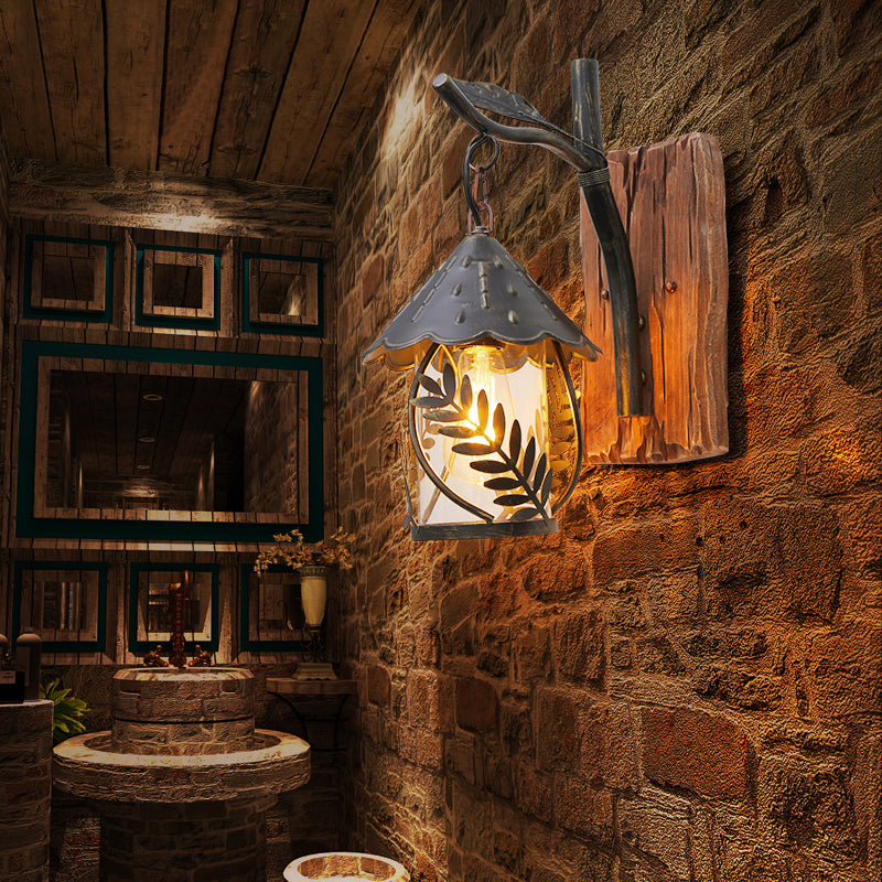 Clear Glass/Fabric Black Sconce Light Cylinder 1-Light Industrial Wall Lamp Fixture with Leaf and Wood Backplate Wood Glass Clearhalo 'Cast Iron' 'Glass' 'Industrial wall lights' 'Industrial' 'Middle century wall lights' 'Modern' 'Rustic wall lights' 'Tiffany' 'Traditional wall lights' 'Wall Lamps & Sconces' 'Wall Lights' Lighting' 165311