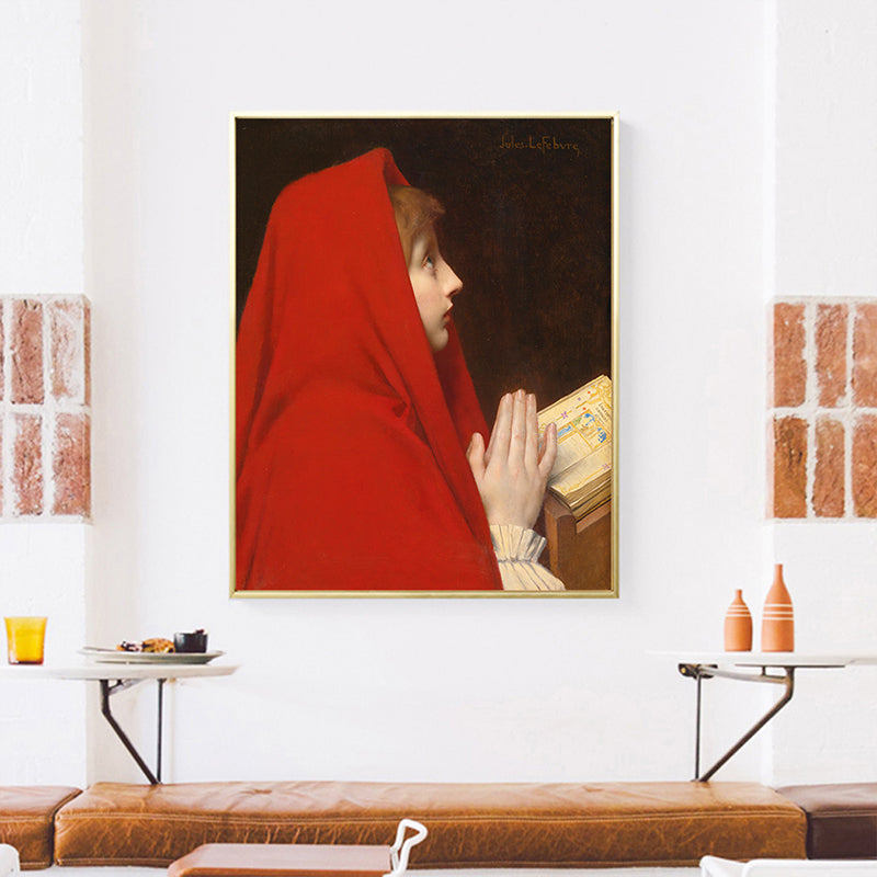 Girl in Red Robe Painting Global Inspired Textured Bedroom Wall Art Decor, Yellow Clearhalo 'Arts' 'Canvas Art' 1653110