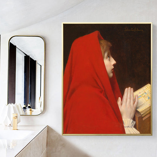 Girl in Red Robe Painting Global Inspired Textured Bedroom Wall Art Decor, Yellow