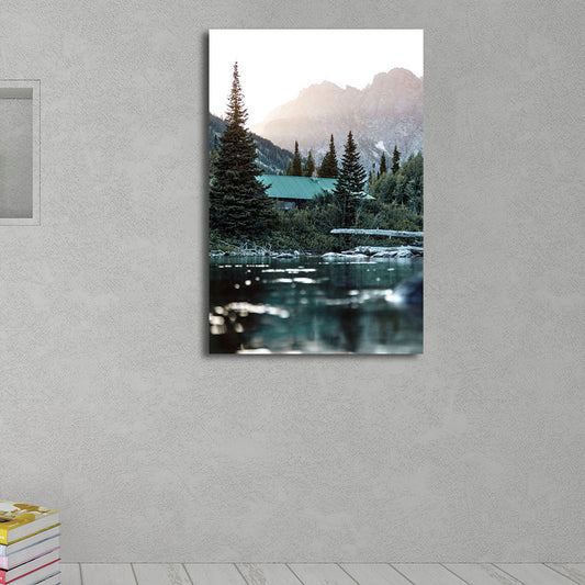 Cottage Canvas Wall Art Green River and Mountain House View Wall Decoration for Home Green Clearhalo 'Art Gallery' 'Canvas Art' 'Country Art Gallery' 'French Country' 'Rustic' Arts' 1653170