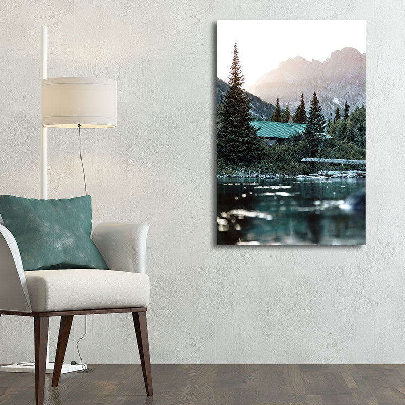Cottage Canvas Wall Art Green River and Mountain House View Wall Decoration for Home Clearhalo 'Art Gallery' 'Canvas Art' 'Country Art Gallery' 'French Country' 'Rustic' Arts' 1653172