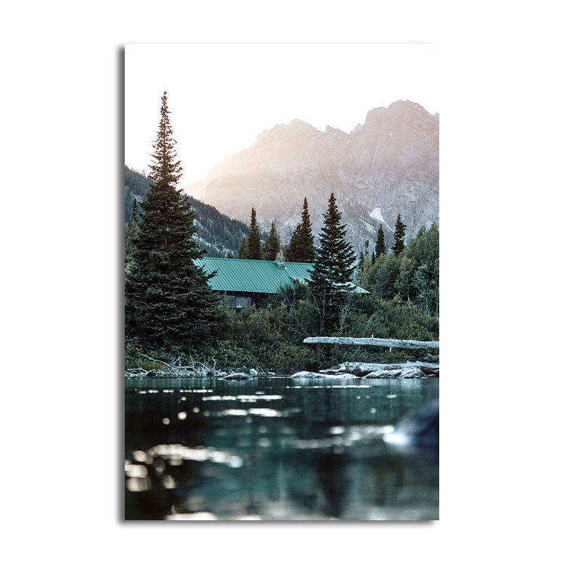 Cottage Canvas Wall Art Green River and Mountain House View Wall Decoration for Home Clearhalo 'Art Gallery' 'Canvas Art' 'Country Art Gallery' 'French Country' 'Rustic' Arts' 1653173