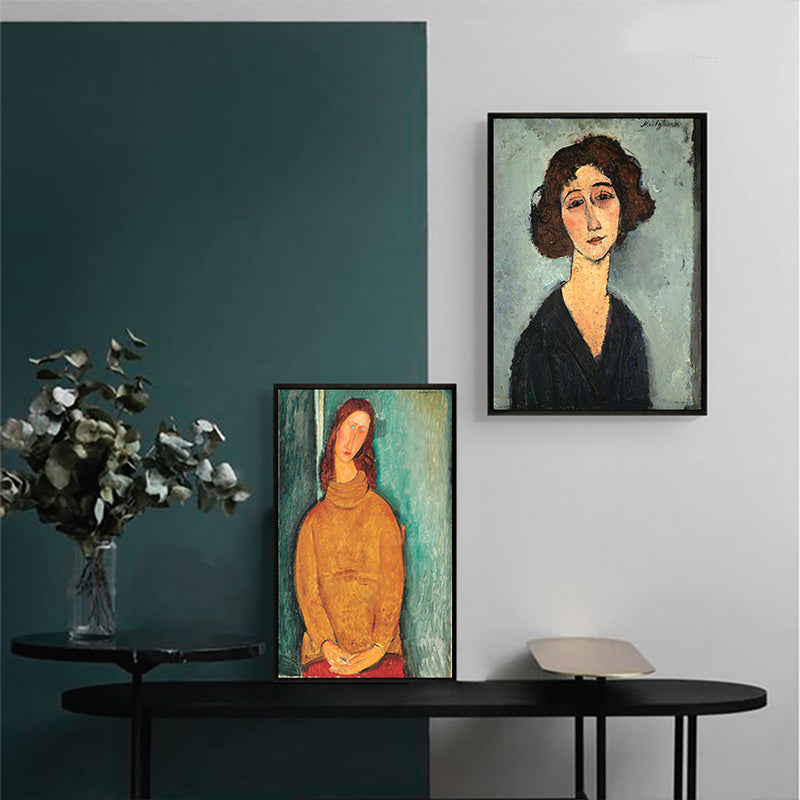 Textured Modigliani Woman Portrait Art Print Canvas Vintage Painting for Girls Room Green Design 1 Clearhalo 'Arts' 'Canvas Art' 1653283