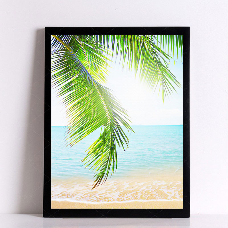 Tropics Palm Tree Branches Canvas Print Green and Blue Beach Seascape Wall Art Green Clearhalo 'Art Gallery' 'Canvas Art' 'Coastal Art Gallery' 'Nautical' Arts' 1653364