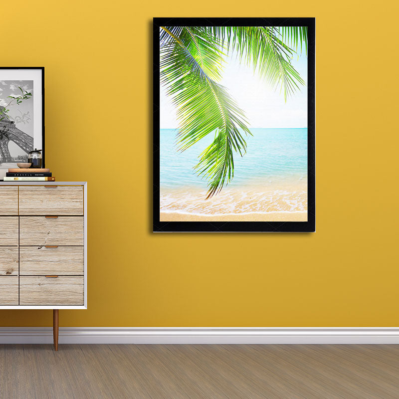 Tropics Palm Tree Branches Canvas Print Green and Blue Beach Seascape Wall Art Clearhalo 'Art Gallery' 'Canvas Art' 'Coastal Art Gallery' 'Nautical' Arts' 1653365