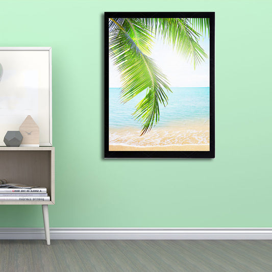 Tropics Palm Tree Branches Canvas Print Green and Blue Beach Seascape Wall Art Clearhalo 'Art Gallery' 'Canvas Art' 'Coastal Art Gallery' 'Nautical' Arts' 1653366