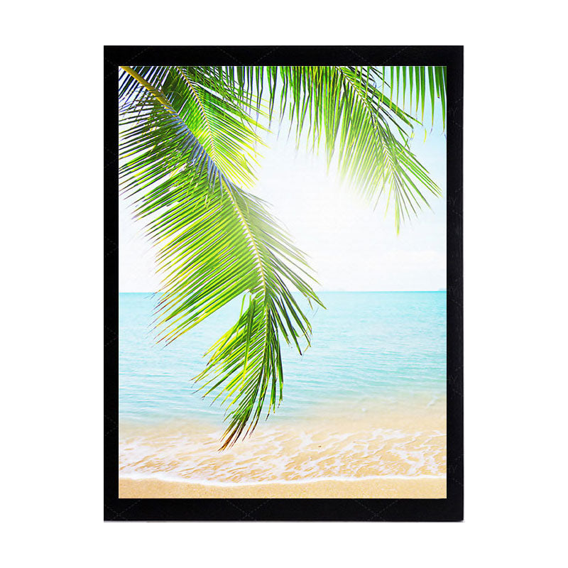 Tropics Palm Tree Branches Canvas Print Green and Blue Beach Seascape Wall Art Clearhalo 'Art Gallery' 'Canvas Art' 'Coastal Art Gallery' 'Nautical' Arts' 1653367