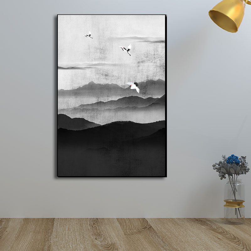 Cloudy Mountain View Canvas Art Asian Textured Wall Decor in Black for Sitting Room - Clearhalo - 'Arts' - 'Canvas Art' - 1653388