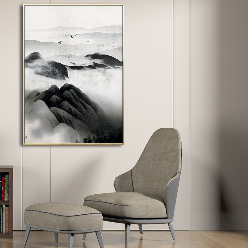 Cloudy Mountain View Canvas Art Asian Textured Wall Decor in Black for Sitting Room Clearhalo 'Arts' 'Canvas Art' 1653394