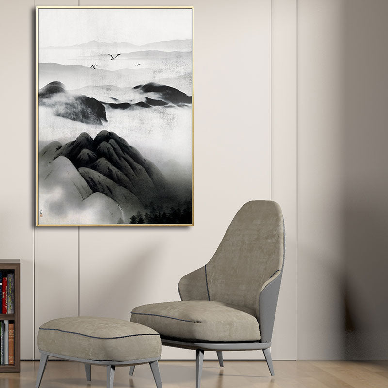 Cloudy Mountain View Canvas Art Asian Textured Wall Decor in Black for Sitting Room - Clearhalo - 'Arts' - 'Canvas Art' - 1653394