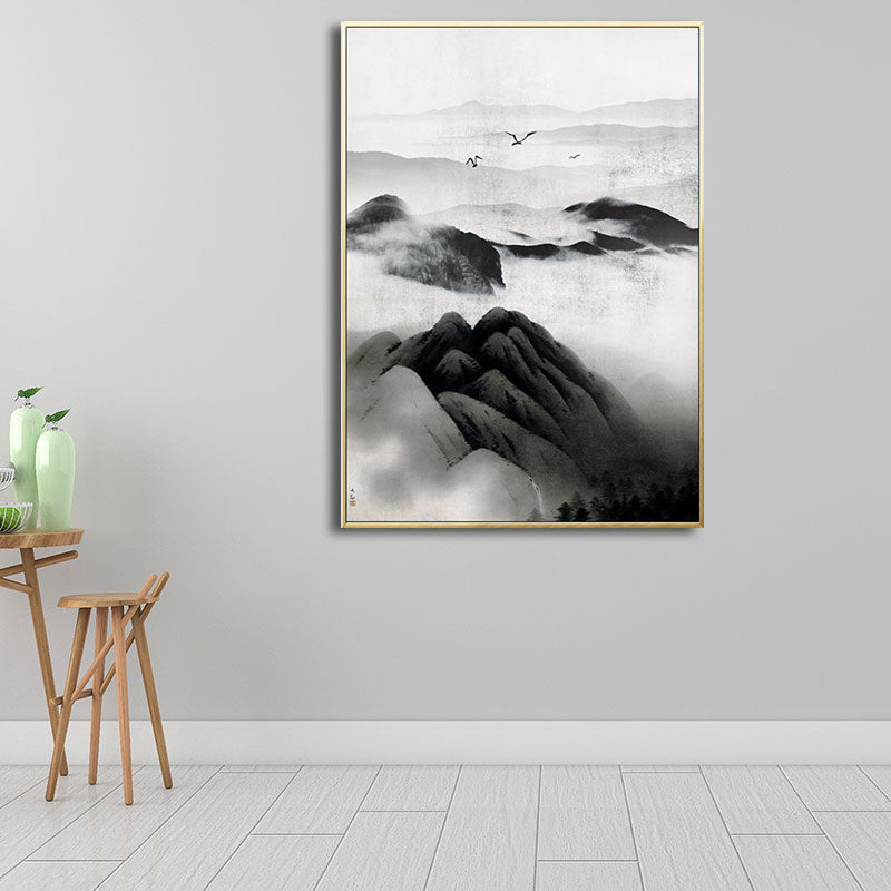 Cloudy Mountain View Canvas Art Asian Textured Wall Decor in Black for Sitting Room - Clearhalo - 'Arts' - 'Canvas Art' - 1653395
