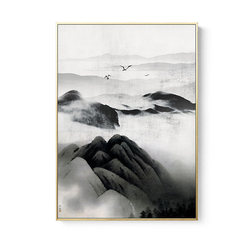 Cloudy Mountain View Canvas Art Asian Textured Wall Decor in Black for Sitting Room Clearhalo 'Arts' 'Canvas Art' 1653396