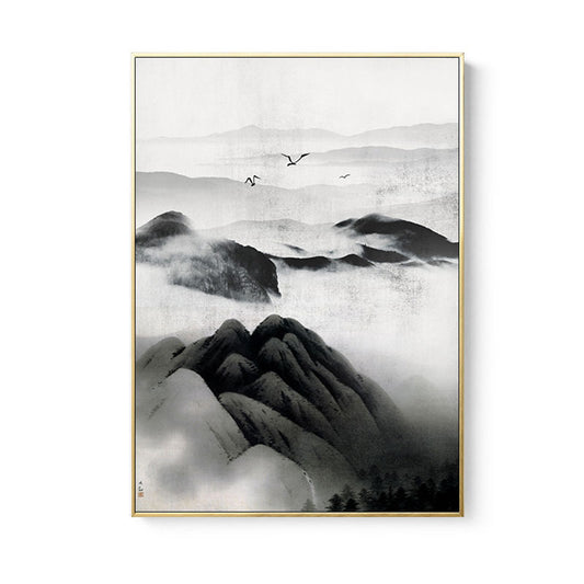Cloudy Mountain View Canvas Art Asian Textured Wall Decor in Black for Sitting Room - Clearhalo - 'Arts' - 'Canvas Art' - 1653396