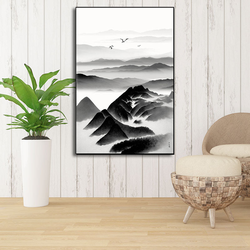 Cloudy Mountain View Canvas Art Asian Textured Wall Decor in Black for Sitting Room Black Design 2 Clearhalo 'Arts' 'Canvas Art' 1653397