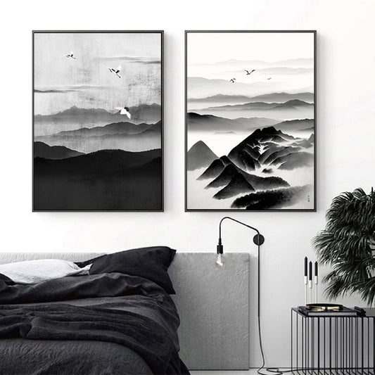 Cloudy Mountain View Canvas Art Asian Textured Wall Decor in Black for Sitting Room - Clearhalo - 'Arts' - 'Canvas Art' - 1653398