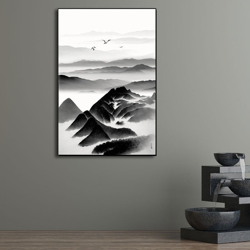 Cloudy Mountain View Canvas Art Asian Textured Wall Decor in Black for Sitting Room - Clearhalo - 'Arts' - 'Canvas Art' - 1653399