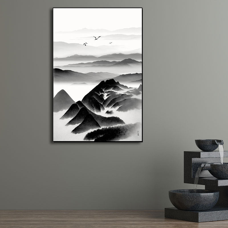 Cloudy Mountain View Canvas Art Asian Textured Wall Decor in Black for Sitting Room Clearhalo 'Arts' 'Canvas Art' 1653399