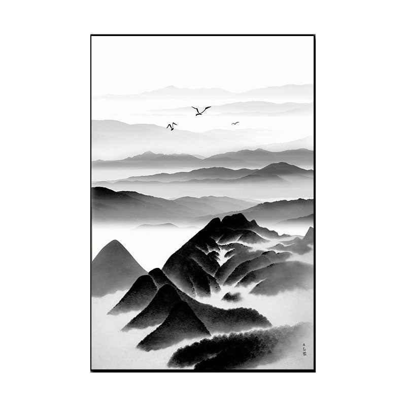 Cloudy Mountain View Canvas Art Asian Textured Wall Decor in Black for Sitting Room - Clearhalo - 'Arts' - 'Canvas Art' - 1653400