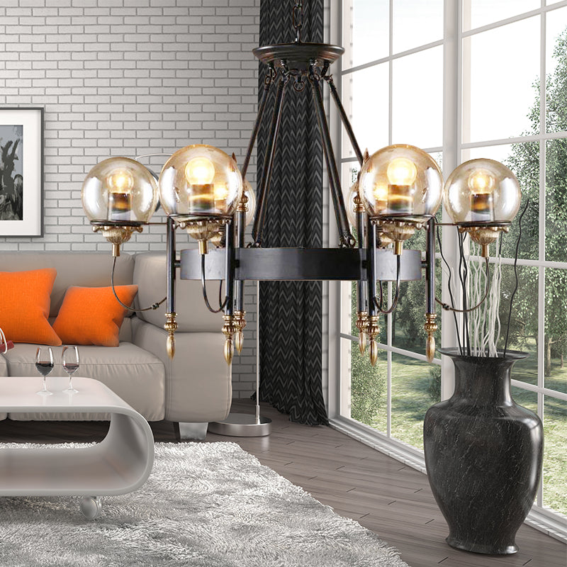 Clear Glass Globe Hanging Chandelier Industrial 6-Light Living Room Pendant Light with Clock Design Black Clearhalo 'Ceiling Lights' 'Chandeliers' 'Glass shade' 'Glass' 'Industrial Chandeliers' 'Industrial' 'Island Lights' 'Middle Century Chandeliers' 'Tiffany' Lighting' 165341