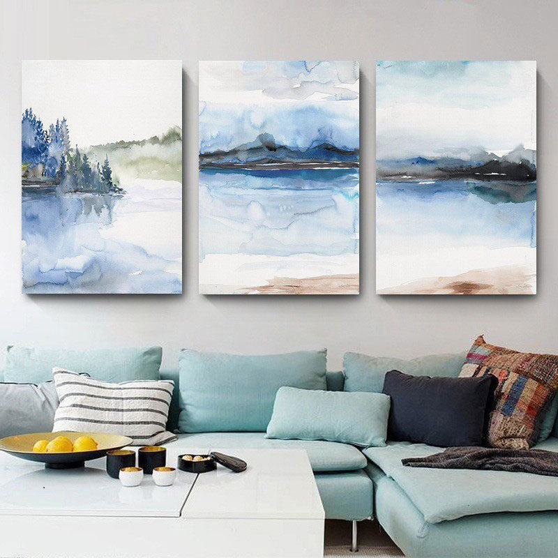 Multi-Piece River Scenery Painting Asian Canvas Made Wall Art for Family Room Blue Clearhalo 'Arts' 'Canvas Art' 1653419