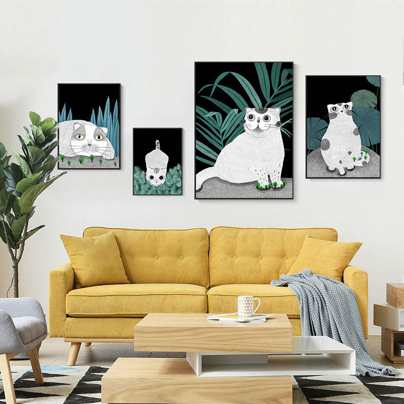 Cartoon Cat and Leave Wrapped Canvas Grey Nursery Wall Art Decor, Multiple Sizes Grey Design 1 Clearhalo 'Art Gallery' 'Canvas Art' 'Kids' Arts' 1653426