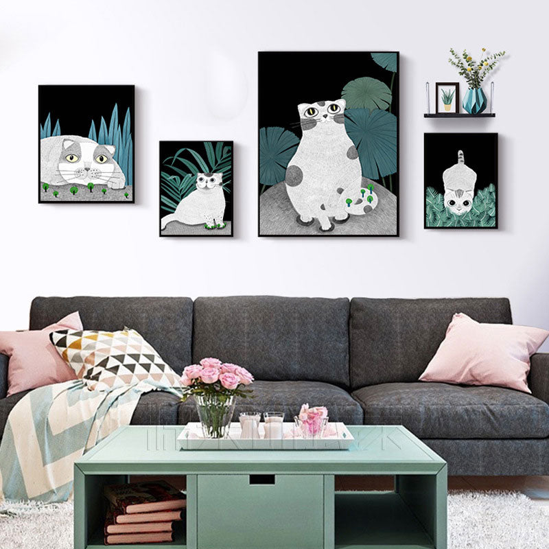 Cartoon Cat and Leave Wrapped Canvas Grey Nursery Wall Art Decor, Multiple Sizes Clearhalo 'Art Gallery' 'Canvas Art' 'Kids' Arts' 1653427