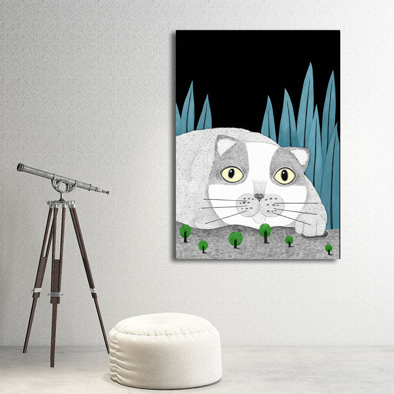 Cartoon Cat and Leave Wrapped Canvas Grey Nursery Wall Art Decor, Multiple Sizes Clearhalo 'Art Gallery' 'Canvas Art' 'Kids' Arts' 1653428