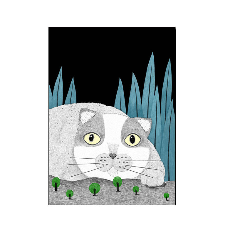 Cartoon Cat and Leave Wrapped Canvas Grey Nursery Wall Art Decor, Multiple Sizes Clearhalo 'Art Gallery' 'Canvas Art' 'Kids' Arts' 1653429