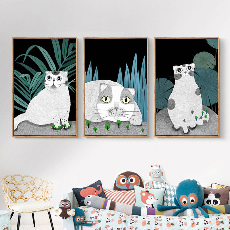 Cartoon Cat and Leave Wrapped Canvas Grey Nursery Wall Art Decor, Multiple Sizes Grey Design 2 Clearhalo 'Art Gallery' 'Canvas Art' 'Kids' Arts' 1653433