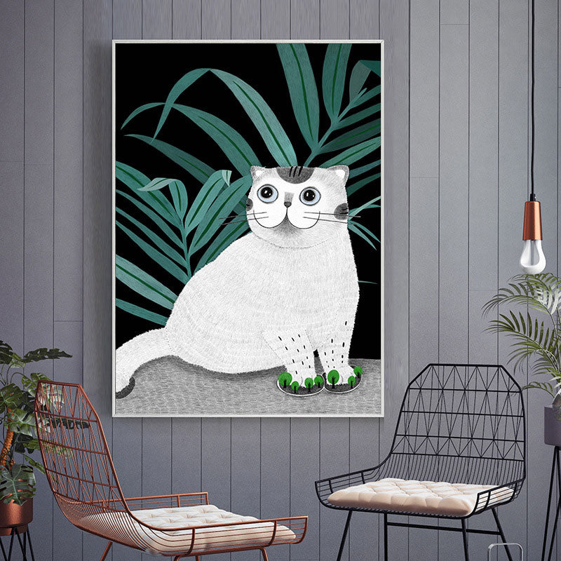 Cartoon Cat and Leave Wrapped Canvas Grey Nursery Wall Art Decor, Multiple Sizes Clearhalo 'Art Gallery' 'Canvas Art' 'Kids' Arts' 1653434