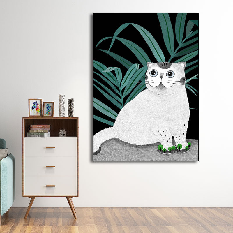 Cartoon Cat and Leave Wrapped Canvas Grey Nursery Wall Art Decor, Multiple Sizes Clearhalo 'Art Gallery' 'Canvas Art' 'Kids' Arts' 1653435