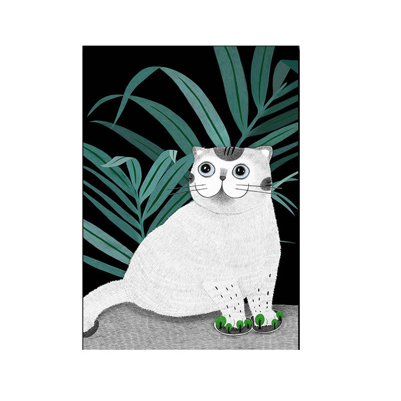 Cartoon Cat and Leave Wrapped Canvas Grey Nursery Wall Art Decor, Multiple Sizes Clearhalo 'Art Gallery' 'Canvas Art' 'Kids' Arts' 1653436