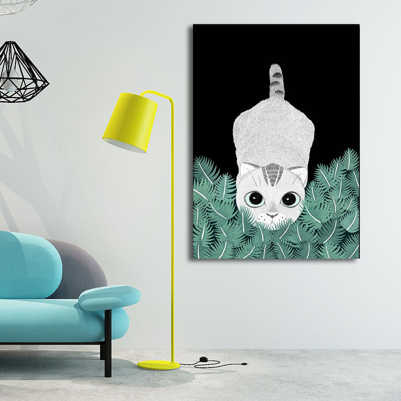 Cartoon Cat and Leave Wrapped Canvas Grey Nursery Wall Art Decor, Multiple Sizes Grey Design 3 Clearhalo 'Art Gallery' 'Canvas Art' 'Kids' Arts' 1653437