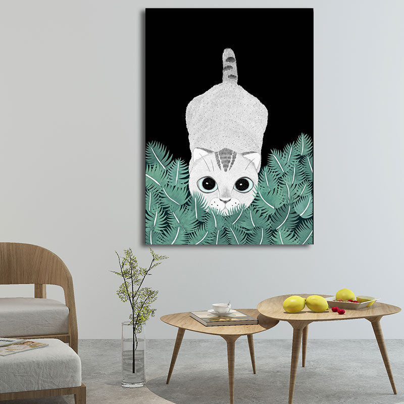 Cartoon Cat and Leave Wrapped Canvas Grey Nursery Wall Art Decor, Multiple Sizes Clearhalo 'Art Gallery' 'Canvas Art' 'Kids' Arts' 1653438
