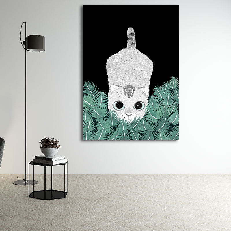 Cartoon Cat and Leave Wrapped Canvas Grey Nursery Wall Art Decor, Multiple Sizes Clearhalo 'Art Gallery' 'Canvas Art' 'Kids' Arts' 1653439