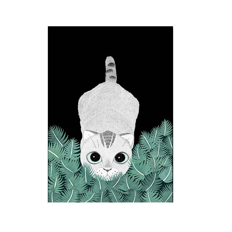 Cartoon Cat and Leave Wrapped Canvas Grey Nursery Wall Art Decor, Multiple Sizes Clearhalo 'Art Gallery' 'Canvas Art' 'Kids' Arts' 1653440