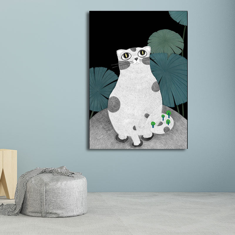 Cartoon Cat and Leave Wrapped Canvas Grey Nursery Wall Art Decor, Multiple Sizes Grey Design 4 Clearhalo 'Art Gallery' 'Canvas Art' 'Kids' Arts' 1653441