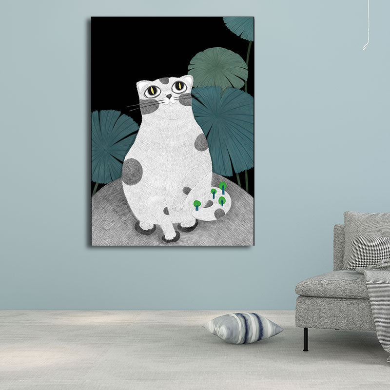 Cartoon Cat and Leave Wrapped Canvas Grey Nursery Wall Art Decor, Multiple Sizes Clearhalo 'Art Gallery' 'Canvas Art' 'Kids' Arts' 1653442