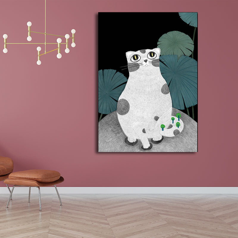Cartoon Cat and Leave Wrapped Canvas Grey Nursery Wall Art Decor, Multiple Sizes Clearhalo 'Art Gallery' 'Canvas Art' 'Kids' Arts' 1653443