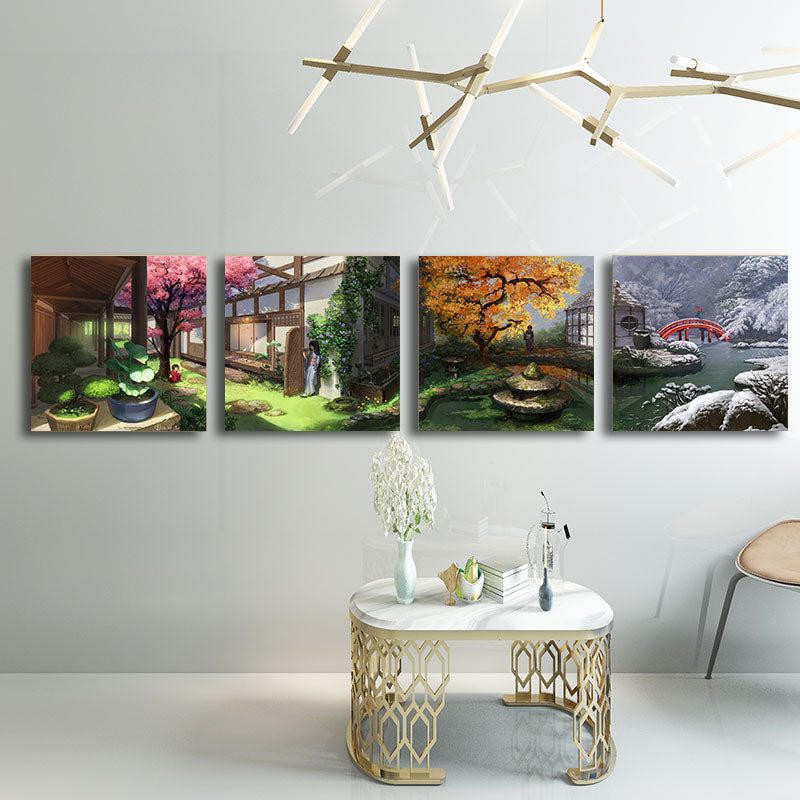 Japanese Patio View Art Print Canvas Multi-Piece Green Painting for House Interior Clearhalo 'Art Gallery' 'Canvas Art' 'Traditional' Arts' 1653472