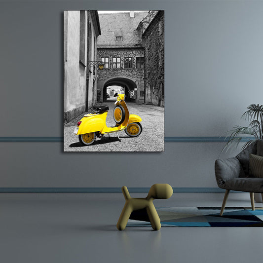 Textured Yellow Wall Decor Modernism Cute Motorbike in Aged Houses Canvas Wall Art Yellow Clearhalo 'Art Gallery' 'Canvas Art' 'Contemporary Art Gallery' 'Modern' Arts' 1653488
