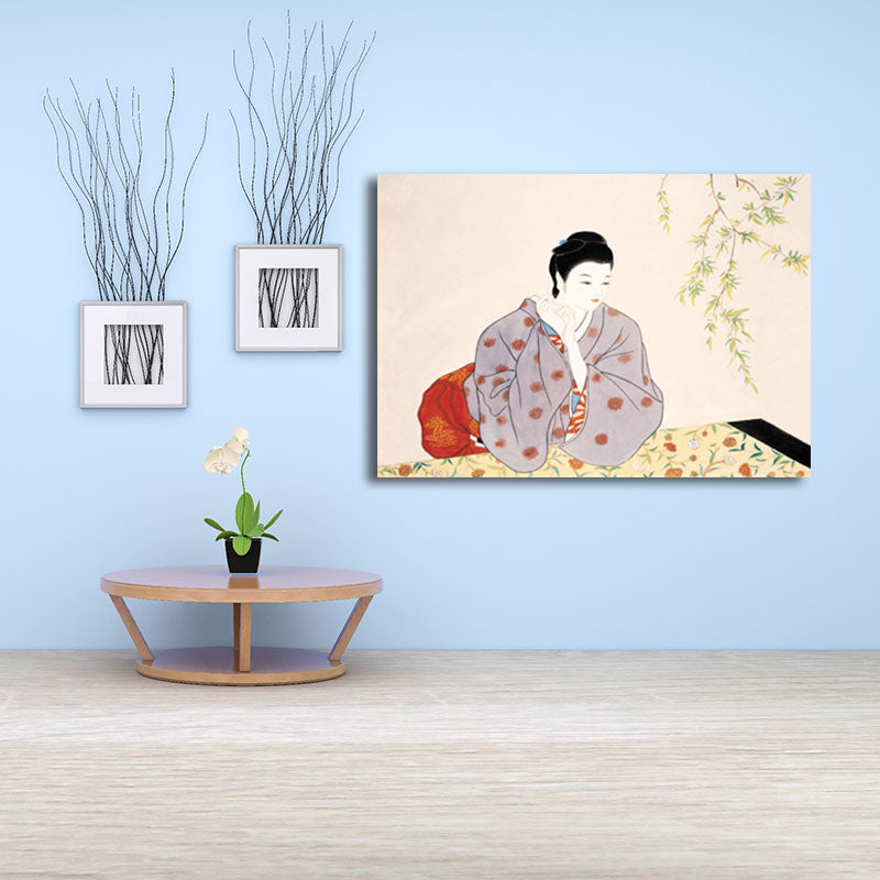 Geisha Girl Painting Canvas Art in Red Japanese Style Wall Decor for Sitting Room Clearhalo 'Art Gallery' 'Canvas Art' 'Traditional' Arts' 1653502