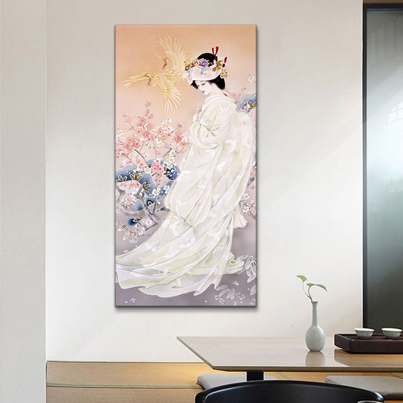 Kimono Girl Painting Art Print Multicolored Japanese Style Wall Decor for Sitting Room White Clearhalo 'Art Gallery' 'Canvas Art' 'Traditional' Arts' 1653508