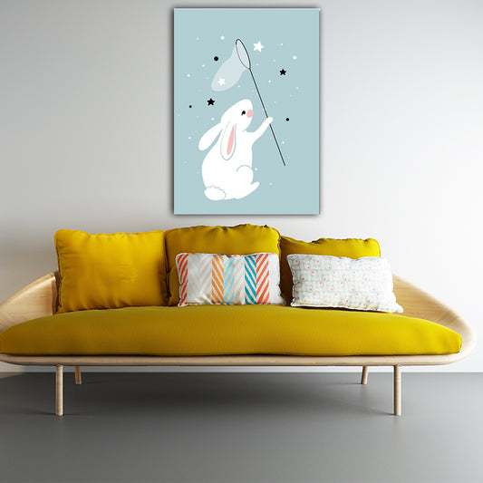 Rabbit Catching Stars Canvas Modern Wall Art Prints in Blue for Drawing Room (Multiple Sizes) Blue Clearhalo 'Art Gallery' 'Canvas Art' 'Kids' Arts' 1653585