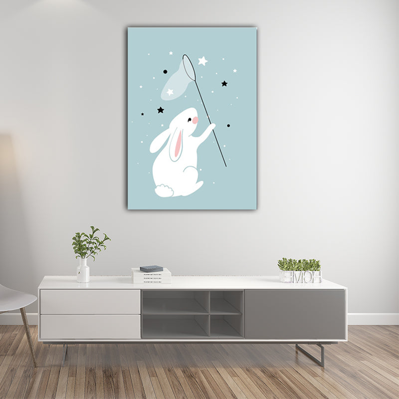 Rabbit Catching Stars Canvas Modern Wall Art Prints in Blue for Drawing Room (Multiple Sizes) Clearhalo 'Art Gallery' 'Canvas Art' 'Kids' Arts' 1653586