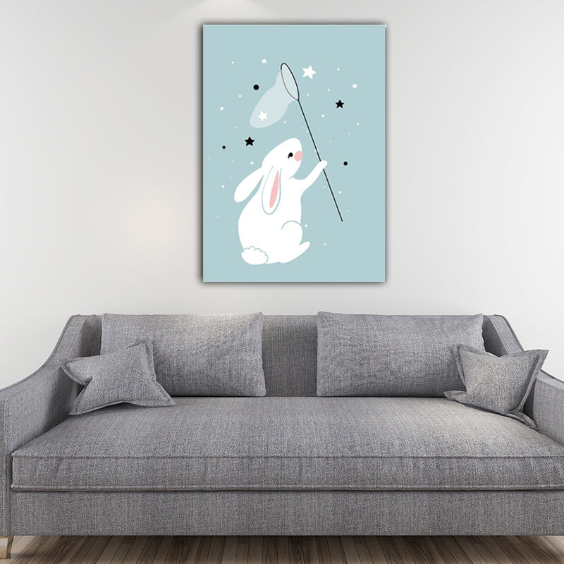 Rabbit Catching Stars Canvas Modern Wall Art Prints in Blue for Drawing Room (Multiple Sizes) Clearhalo 'Art Gallery' 'Canvas Art' 'Kids' Arts' 1653587