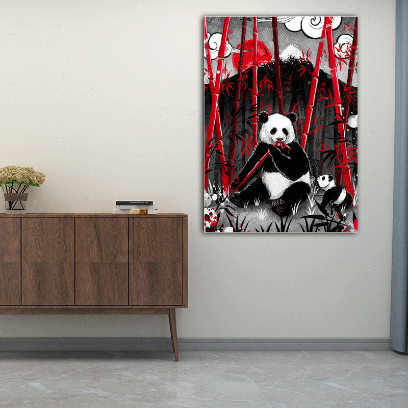 Asian Panda Eating Bamboo Canvas for Great Room Wall Art Prints in Black, Multiple Sizes Black Clearhalo 'Arts' 'Canvas Art' 1653627